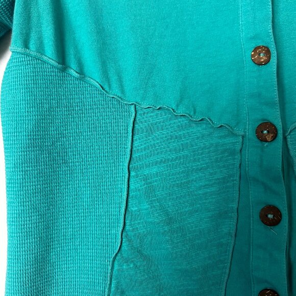Neon Buddha Shirt Sz M thermal mixed media button up turquoise blue raw seams - Picture 2 of 5